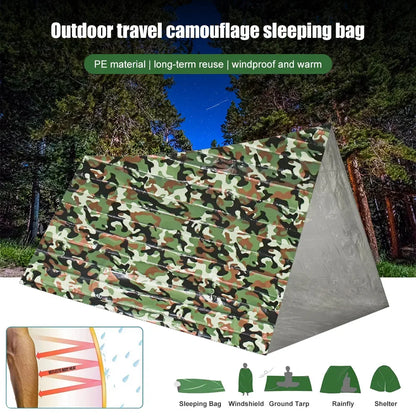 PE Emergency Sleeping Bag Camouflage Waterproof Portable Survival 120x200cm Sleeping Bag for Outdoor Camping Hiking Adventure Leedoar