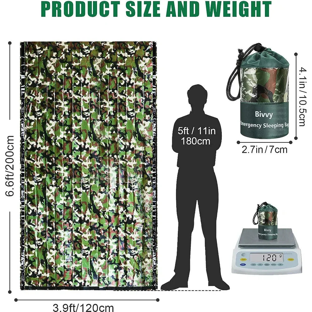 PE Emergency Sleeping Bag Camouflage Waterproof Portable Survival 120x200cm Sleeping Bag for Outdoor Camping Hiking Adventure Leedoar