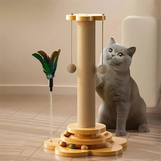 Pet Cat Toy Solid Wood Cat Turntable Funny Cat Stick Balls Durable Sisal Scratching Board Cat Supplies Cat Grab Column Leedoar