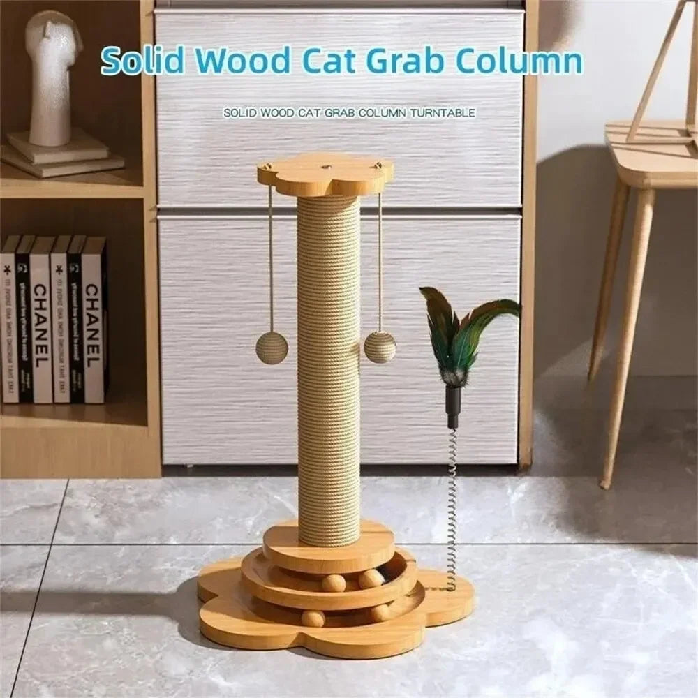 Pet Cat Toy Solid Wood Cat Turntable Funny Cat Stick Balls Durable Sisal Scratching Board Cat Supplies Cat Grab Column Leedoar