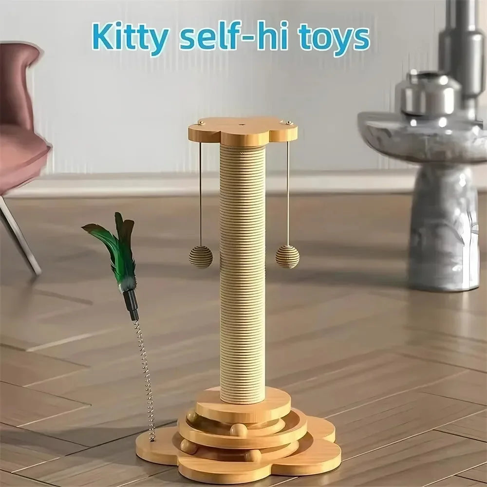 Pet Cat Toy Solid Wood Cat Turntable Funny Cat Stick Balls Durable Sisal Scratching Board Cat Supplies Cat Grab Column Leedoar