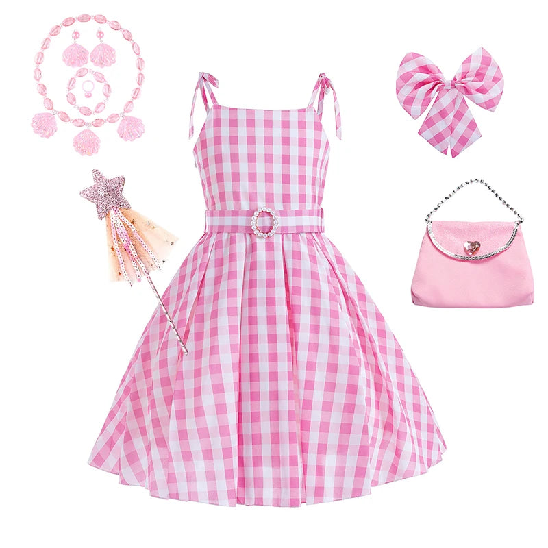 Pink Princess Costume Sleeveless Ball Gown Moive Role Cosplay Dress With Belt Plaid Skirt Halloween Costume Girls Dress Up 2-10T Leedoar