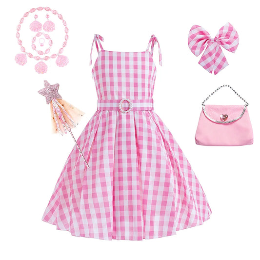 Pink Princess Costume Sleeveless Ball Gown Moive Role Cosplay Dress With Belt Plaid Skirt Halloween Costume Girls Dress Up 2-10T Leedoar