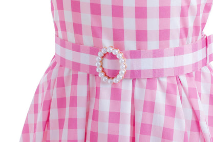 Pink Princess Costume Sleeveless Ball Gown Moive Role Cosplay Dress With Belt Plaid Skirt Halloween Costume Girls Dress Up 2-10T Leedoar