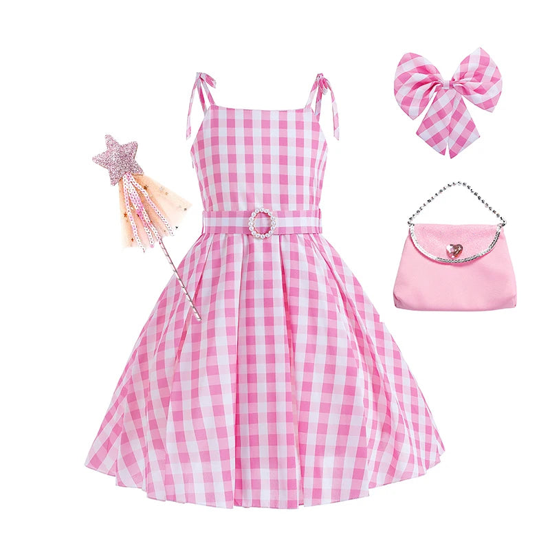 Pink Princess Costume Sleeveless Ball Gown Moive Role Cosplay Dress With Belt Plaid Skirt Halloween Costume Girls Dress Up 2-10T Leedoar