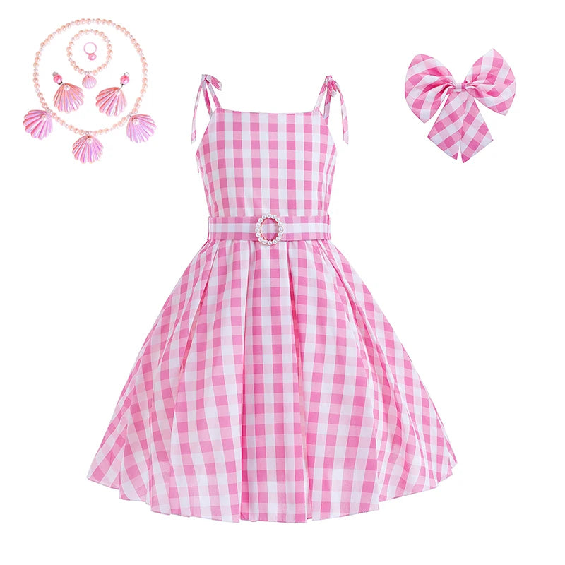 Pink Princess Costume Sleeveless Ball Gown Moive Role Cosplay Dress With Belt Plaid Skirt Halloween Costume Girls Dress Up 2-10T Leedoar