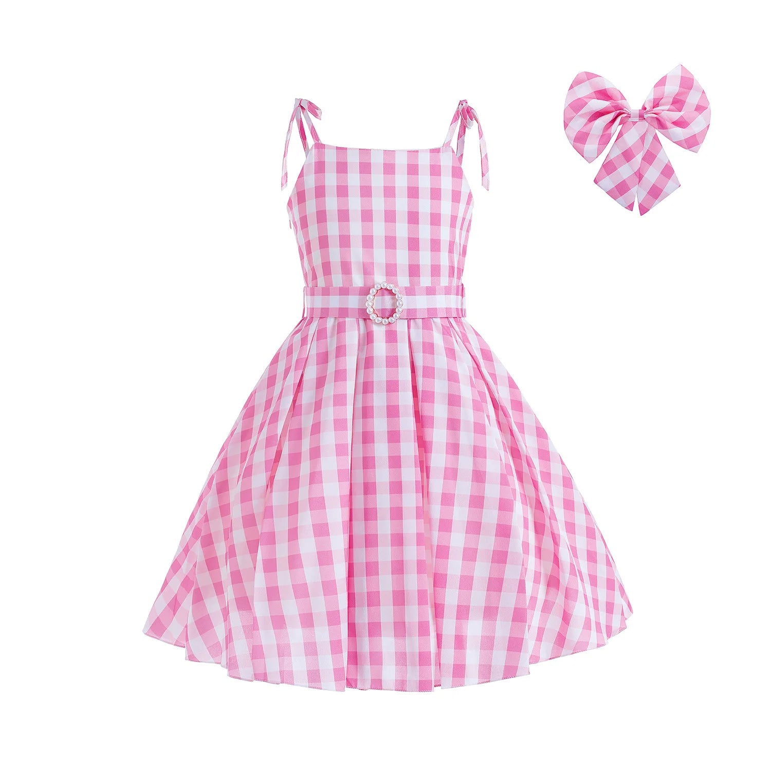 Pink Princess Costume Sleeveless Ball Gown Moive Role Cosplay Dress With Belt Plaid Skirt Halloween Costume Girls Dress Up 2-10T Leedoar