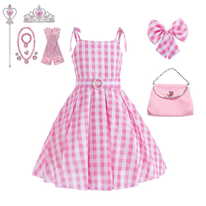 Pink Princess Costume Sleeveless Ball Gown Moive Role Cosplay Dress With Belt Plaid Skirt Halloween Costume Girls Dress Up 2-10T Leedoar