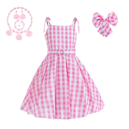 Pink Princess Costume Sleeveless Ball Gown Moive Role Cosplay Dress With Belt Plaid Skirt Halloween Costume Girls Dress Up 2-10T Leedoar