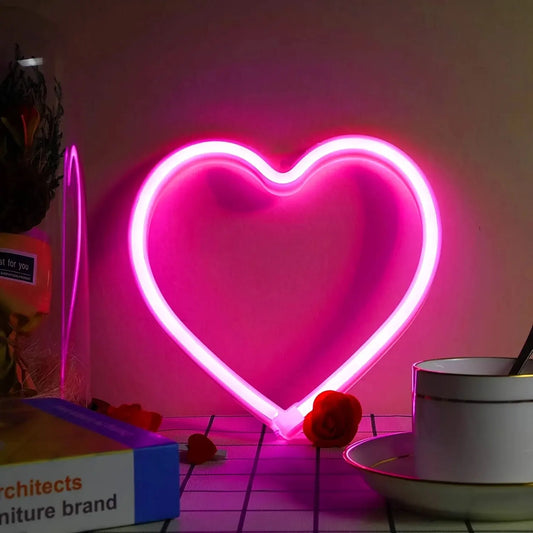 Placa de luz neon LED rosa USB, formato de coração, luz noturna montada na parede para o dia dos namorados, bar, quarto, sala de estar 