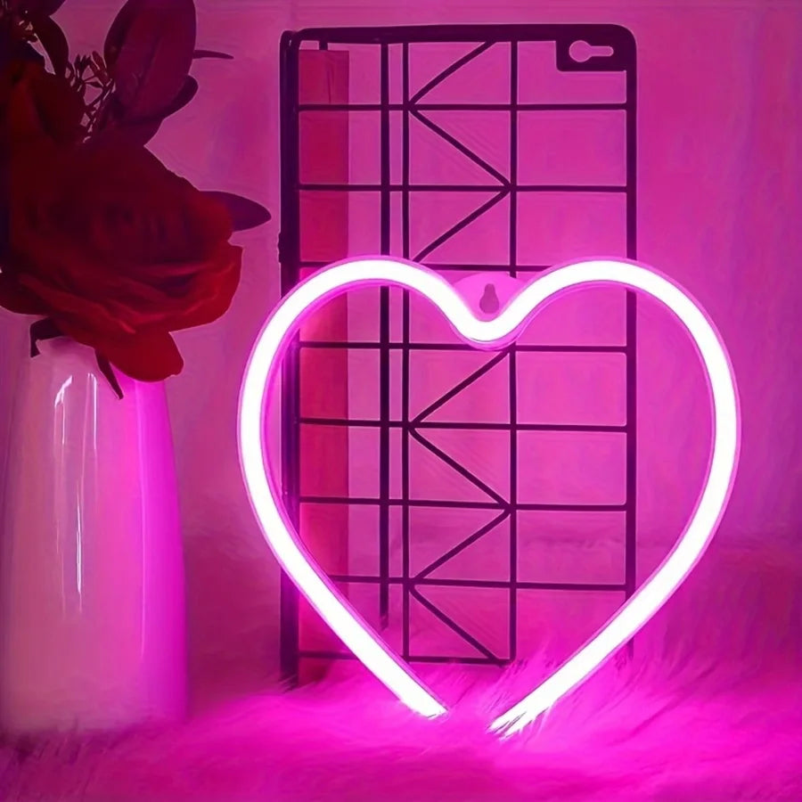 Letrero de luz LED de neón con atmósfera USB rosa con forma de corazón para montar en la pared, luz de noche para el día de San Valentín, bar, dormitorio, sala de estar 