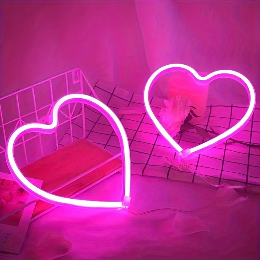 Placa de luz neon LED rosa USB, formato de coração, luz noturna montada na parede para o dia dos namorados, bar, quarto, sala de estar 