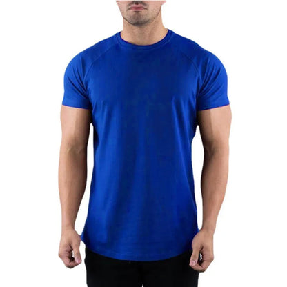 Plain Gym T-shirt Men Summer Fitness Clothing O-Neck Short Sleeve T shirt Cotton Slim Fit Tshirt Bodybuilding Workout Tees Tops Leedoar