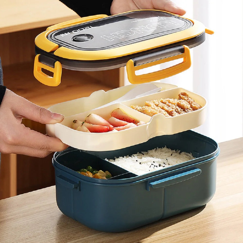 Plastic Oval Compartment Lunch Box with Multiple Layers with Fork Spoon with Handle Buckle Seal Student Office Worker Lunch Leedoar