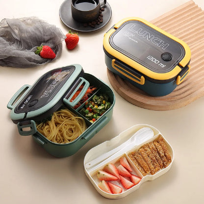 Plastic Oval Compartment Lunch Box with Multiple Layers with Fork Spoon with Handle Buckle Seal Student Office Worker Lunch Leedoar