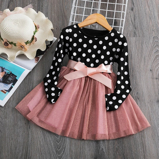 Polka-dot Kids Princess Dresses for Girls Spring Autumn Long Sleeve Children Wedding Birthday Party Dress 3-8 Yrs Baby Vestidos Leedoar