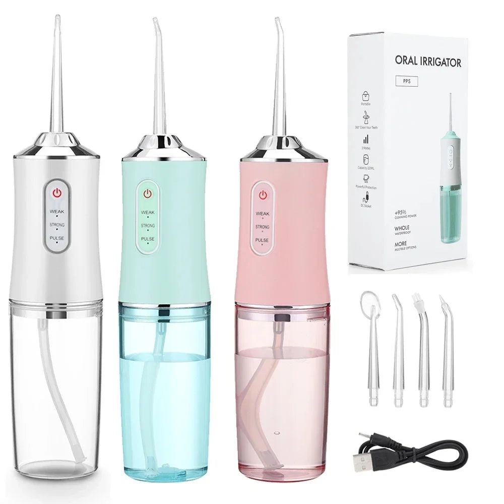 Portable Dental Water Flosser Oral Irrigator USB Rechargeable Water Floss Jet Tooth Pick 4 Tips 220ml Mouth washing machine Leedoar