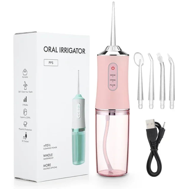 Portable Dental Water Flosser Oral Irrigator USB Rechargeable Water Floss Jet Tooth Pick 4 Tips 220ml Mouth washing machine Leedoar