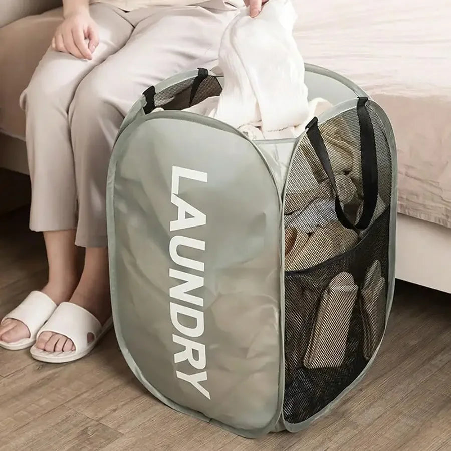 Portable Mesh Pop Up Laundry Hamper Wide Opening Breathable Collapsible Space-Saving Laundry Basket Dorm Travel Bathroom Items Leedoar