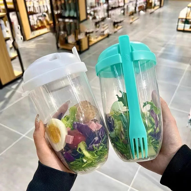 Portable Salad Container Bottled with Fork Mason Cup with Spoon Cap Yogurt Cup Milk Cup for Lunch Salad Breakfast Salad Bowl Leedoar