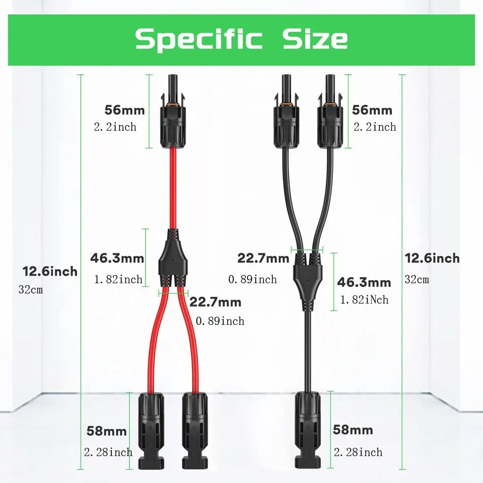 Conectores solares de potencia Cable de derivación en Y de 30 A, adaptador de cable solar paralelo en par para panel solar 1*M/FF+1*F/MM Negro Rojo 