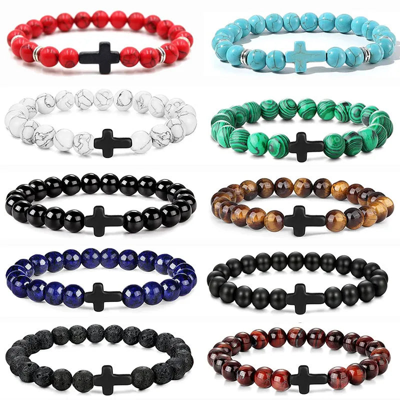 Prayer Men Natural Stone Wood Beads Rosary Hematite Cross Bracelets Onyx Meditation Bracelet Women Yoga Jewelry Homme Pulsera Leedoar