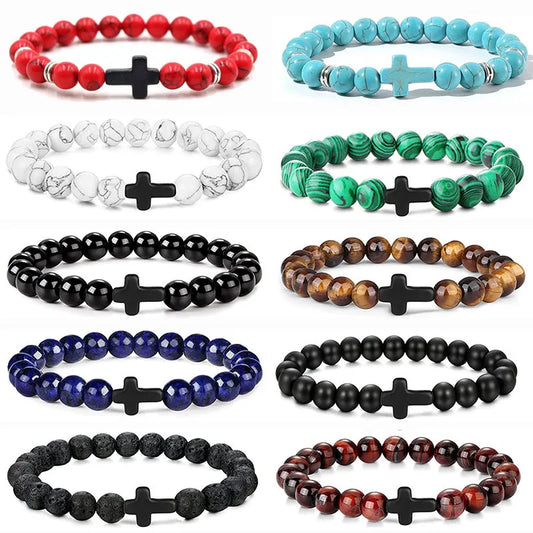 Pulsera de oración con cuentas de madera y piedra natural para hombre y mujer, pulsera de hematita con cruz, pulsera de meditación de ónix, joyería de yoga para hombre 