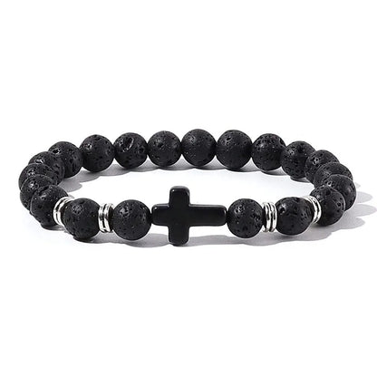 Prayer Men Natural Stone Wood Beads Rosary Hematite Cross Bracelets Onyx Meditation Bracelet Women Yoga Jewelry Homme Pulsera Leedoar