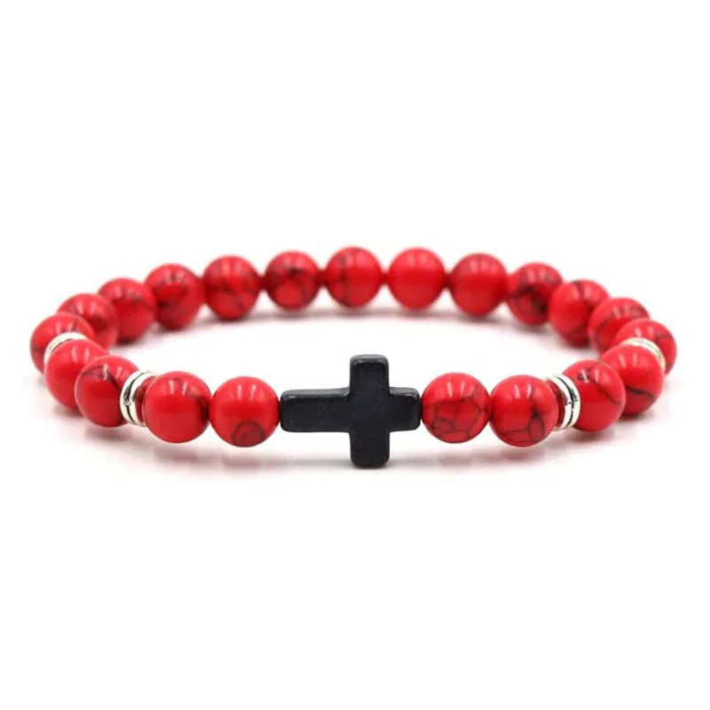 Prayer Men Natural Stone Wood Beads Rosary Hematite Cross Bracelets Onyx Meditation Bracelet Women Yoga Jewelry Homme Pulsera Leedoar