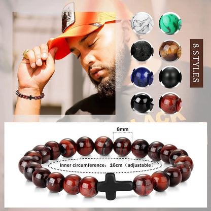 Prayer Men Natural Stone Wood Beads Rosary Hematite Cross Bracelets Onyx Meditation Bracelet Women Yoga Jewelry Homme Pulsera Leedoar