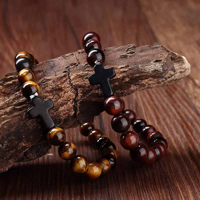 Prayer Men Natural Stone Wood Beads Rosary Hematite Cross Bracelets Onyx Meditation Bracelet Women Yoga Jewelry Homme Pulsera Leedoar