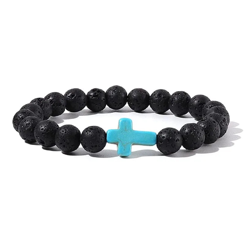 Prayer Men Natural Stone Wood Beads Rosary Hematite Cross Bracelets Onyx Meditation Bracelet Women Yoga Jewelry Homme Pulsera Leedoar