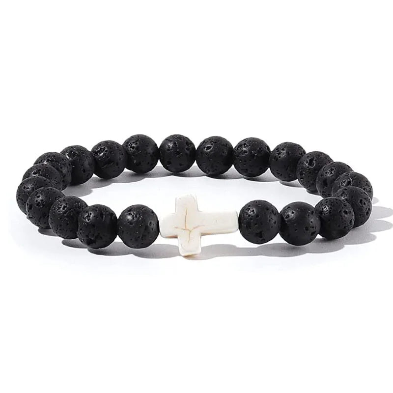 Prayer Men Natural Stone Wood Beads Rosary Hematite Cross Bracelets Onyx Meditation Bracelet Women Yoga Jewelry Homme Pulsera Leedoar