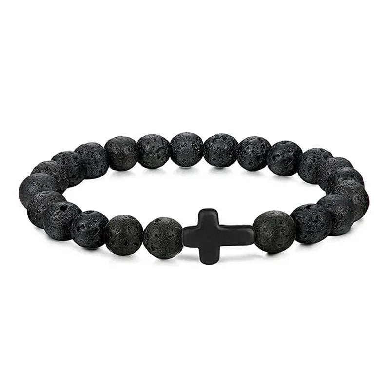 Prayer Men Natural Stone Wood Beads Rosary Hematite Cross Bracelets Onyx Meditation Bracelet Women Yoga Jewelry Homme Pulsera Leedoar