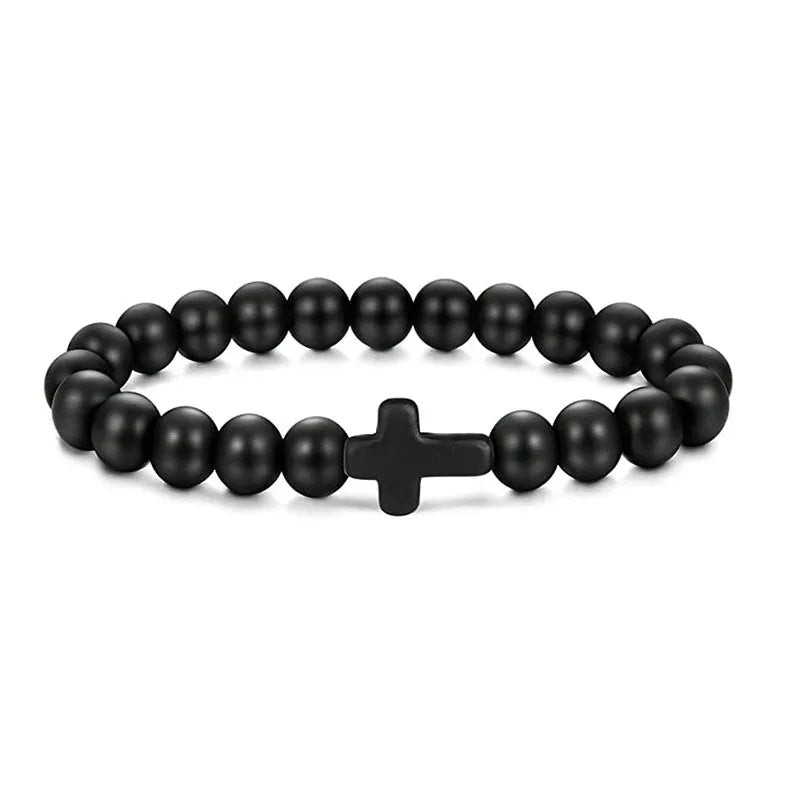 Prayer Men Natural Stone Wood Beads Rosary Hematite Cross Bracelets Onyx Meditation Bracelet Women Yoga Jewelry Homme Pulsera Leedoar