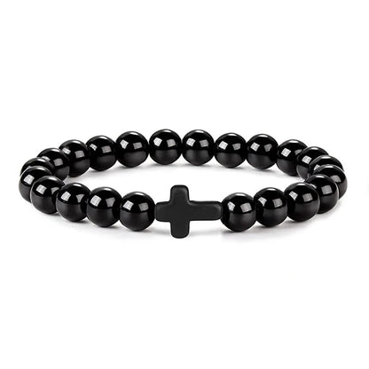 Prayer Men Natural Stone Wood Beads Rosary Hematite Cross Bracelets Onyx Meditation Bracelet Women Yoga Jewelry Homme Pulsera Leedoar