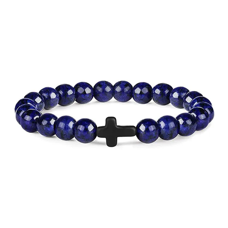 Prayer Men Natural Stone Wood Beads Rosary Hematite Cross Bracelets Onyx Meditation Bracelet Women Yoga Jewelry Homme Pulsera Leedoar