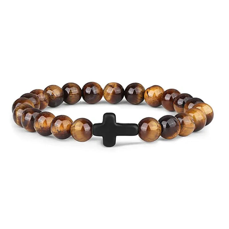 Prayer Men Natural Stone Wood Beads Rosary Hematite Cross Bracelets Onyx Meditation Bracelet Women Yoga Jewelry Homme Pulsera Leedoar