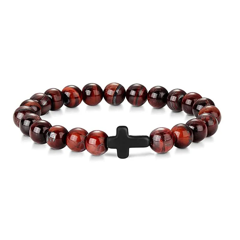 Prayer Men Natural Stone Wood Beads Rosary Hematite Cross Bracelets Onyx Meditation Bracelet Women Yoga Jewelry Homme Pulsera Leedoar