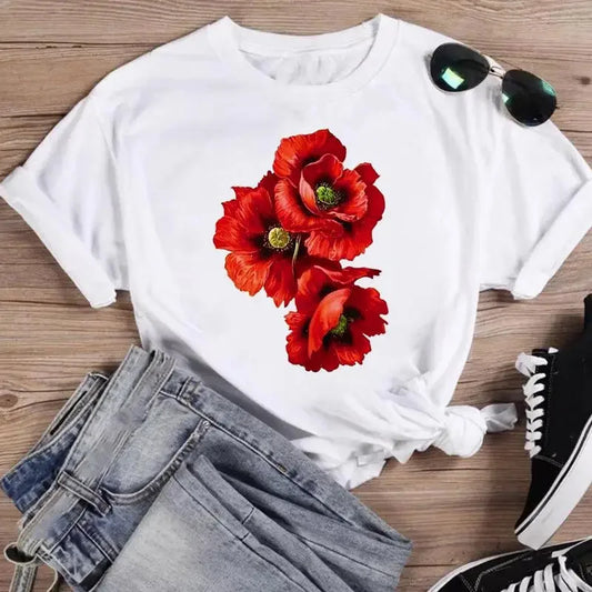 Estampa Moda Aquarela Primavera Flor 2024 Mulheres Desenho Animado Manga Curta Gráfico T Top Verão Camisa Camisetas Femininas Camiseta 