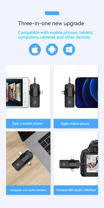 Micrófono de solapa inalámbrico profesional 3 en 1 para iPhone Android de 3,5 mm para radio, grabación en vivo, reducción de ruido, minimicrófo 
