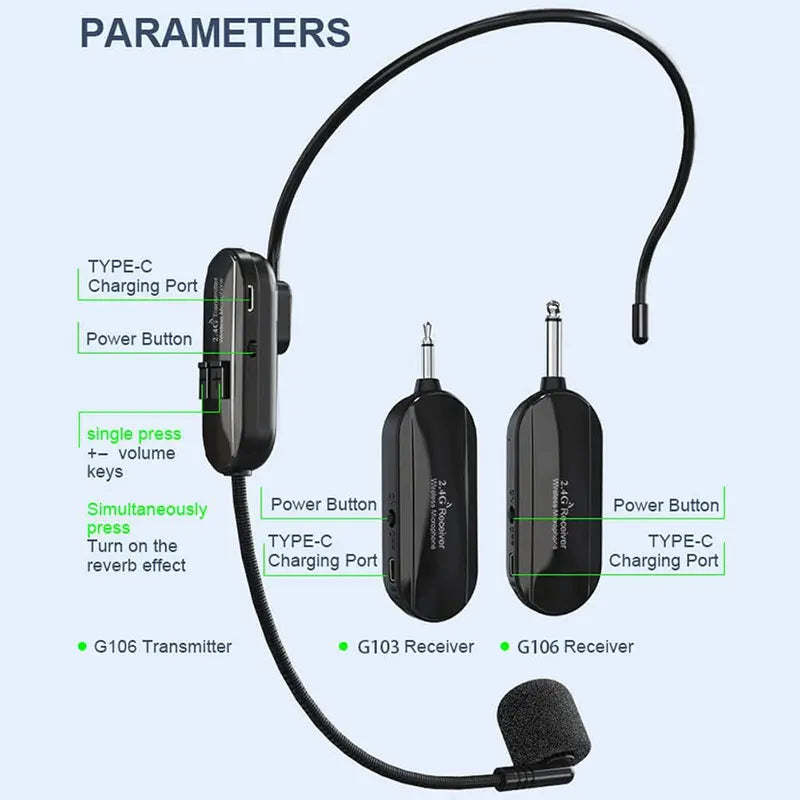 Transmisor de micrófono con auriculares inalámbricos profesionales, micrófono para sistema de megafonía de voz, radio, guitarra, enseñanza, fitness, yoga, juegos 