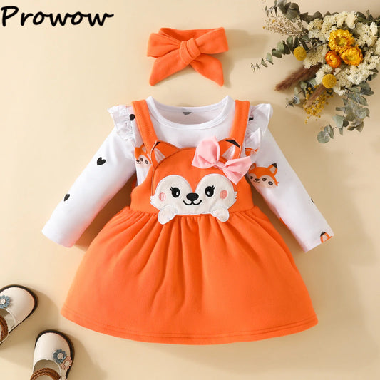 Prowow Cute Fox Baby Dresses For Girls Heart Print Romper+Suspender Fox Dress For Girls Fall Winter Newborn Baby Girl Clothes Leedoar