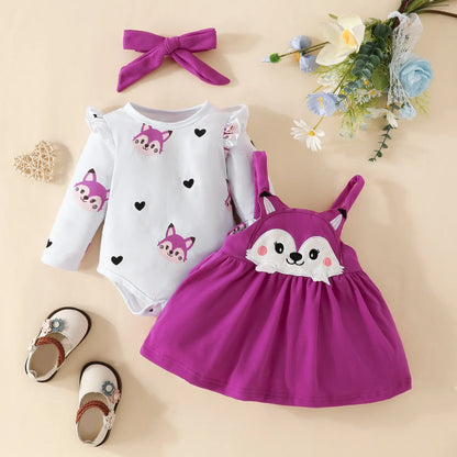 Prowow Cute Fox Baby Dresses For Girls Heart Print Romper+Suspender Fox Dress For Girls Fall Winter Newborn Baby Girl Clothes Leedoar