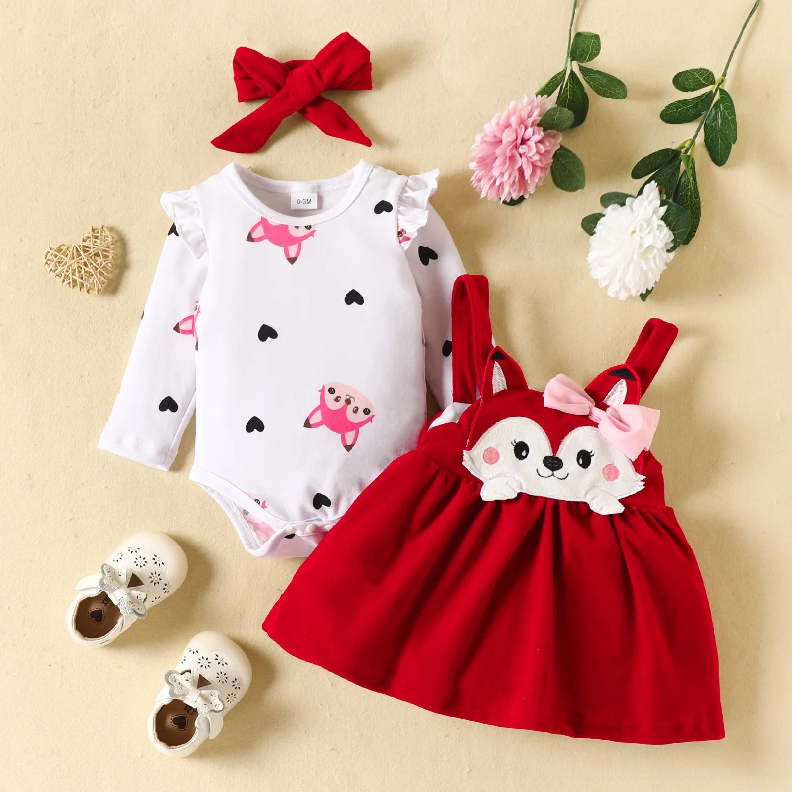 Prowow Cute Fox Baby Dresses For Girls Heart Print Romper+Suspender Fox Dress For Girls Fall Winter Newborn Baby Girl Clothes Leedoar