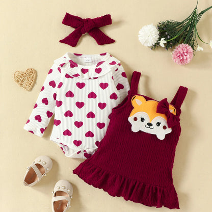 Prowow Cute Fox Baby Dresses For Girls Heart Print Romper+Suspender Fox Dress For Girls Fall Winter Newborn Baby Girl Clothes Leedoar