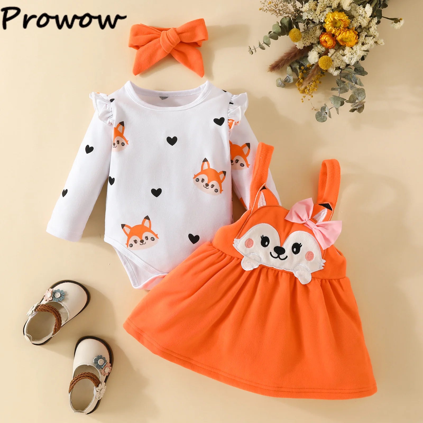 Prowow Cute Fox Baby Dresses For Girls Heart Print Romper+Suspender Fox Dress For Girls Fall Winter Newborn Baby Girl Clothes Leedoar