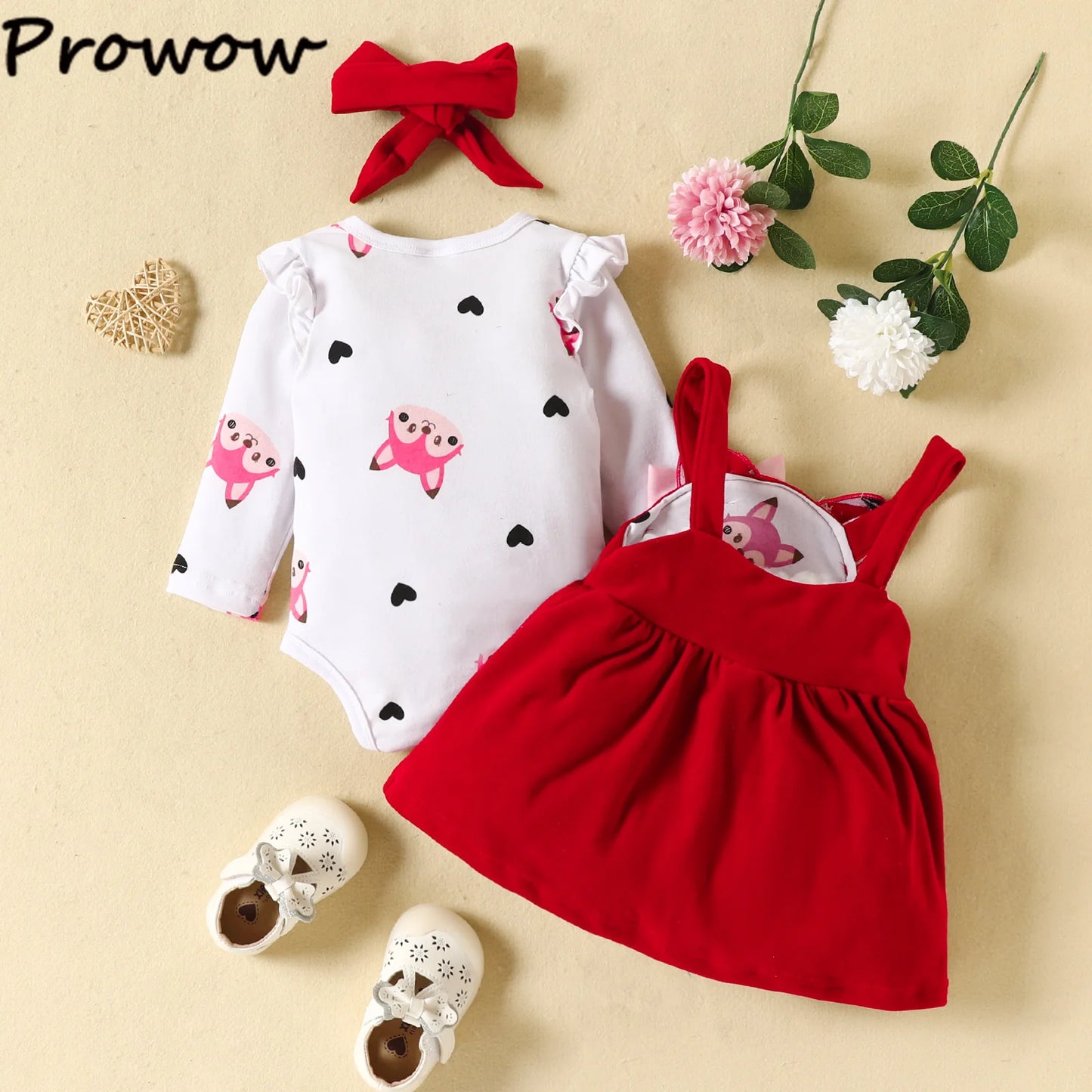 Prowow Cute Fox Baby Dresses For Girls Heart Print Romper+Suspender Fox Dress For Girls Fall Winter Newborn Baby Girl Clothes Leedoar