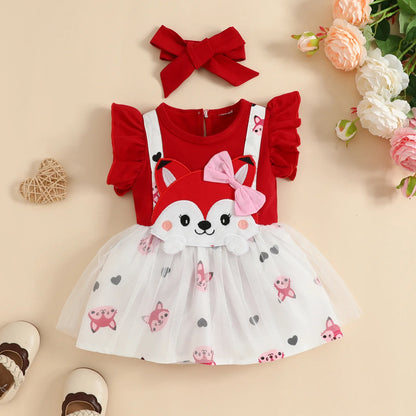 Prowow Cute Fox Baby Dresses For Girls Heart Print Romper+Suspender Fox Dress For Girls Fall Winter Newborn Baby Girl Clothes Leedoar