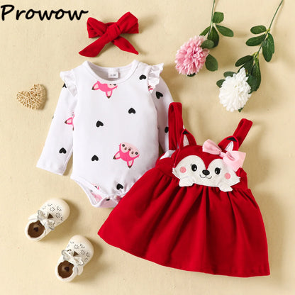 Prowow Cute Fox Baby Dresses For Girls Heart Print Romper+Suspender Fox Dress For Girls Fall Winter Newborn Baby Girl Clothes Leedoar